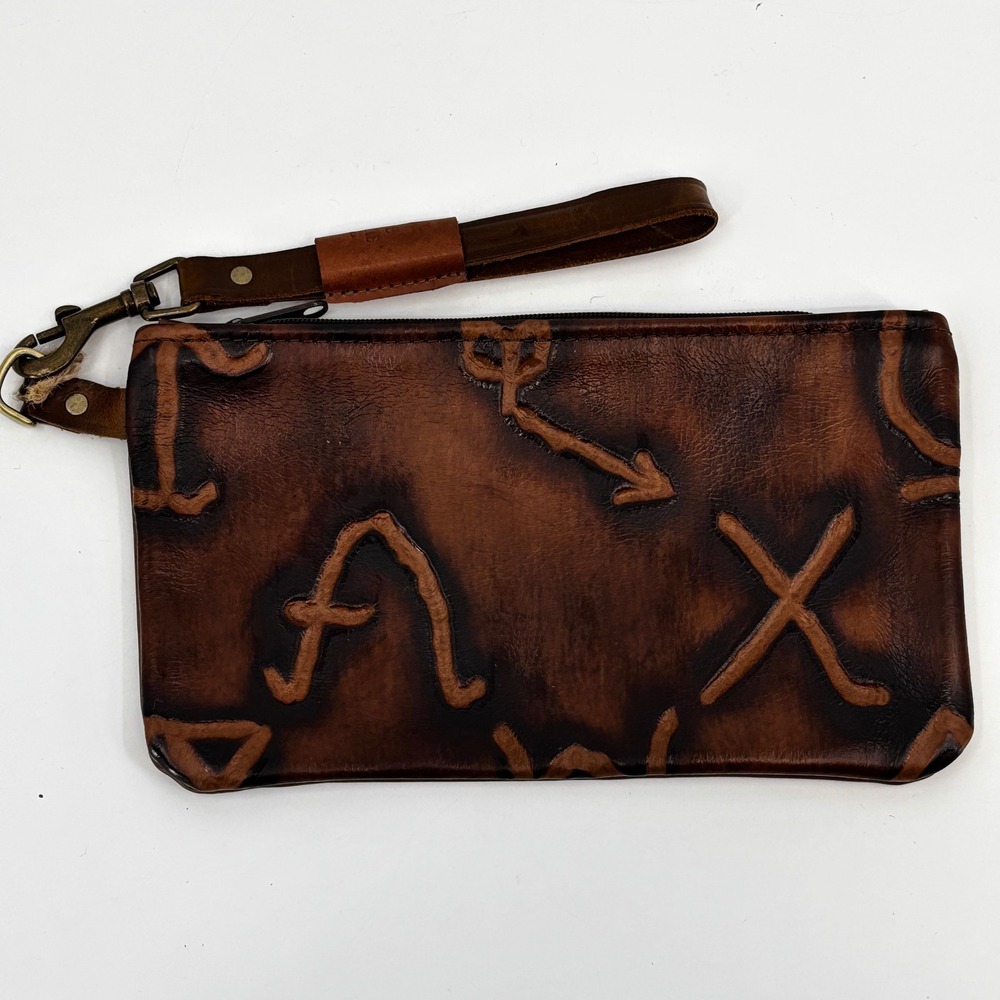 Hide Junkie Leather Wristlet Pouch Women Brown Embossed Western Symbols Western
